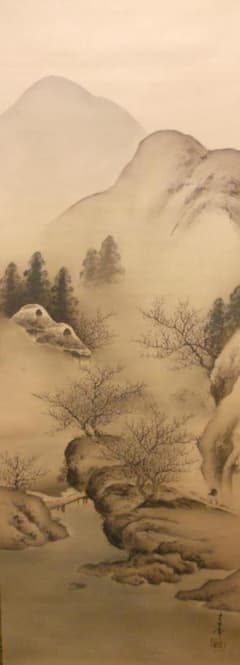 真作】服部五老/梅花白雪山水図/山水図/雪景図/掛軸/名家伝来/AC-306