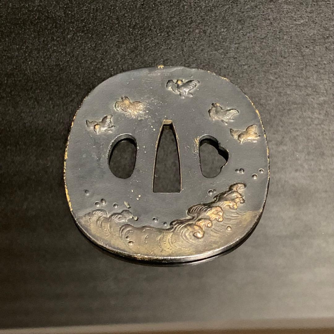 《アンティーク希少レア品！》⭐︎荒波 鳥 鍔つば　江戸期 銅 刀剣鍔♪⭐︎