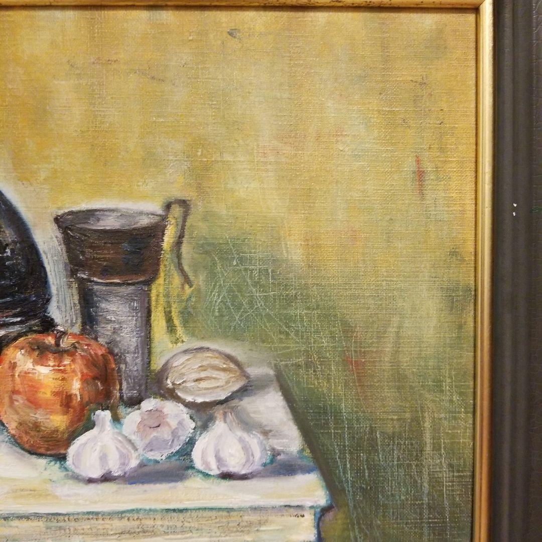 油絵 《赤い林檎のある静物》アンティークF6額付き