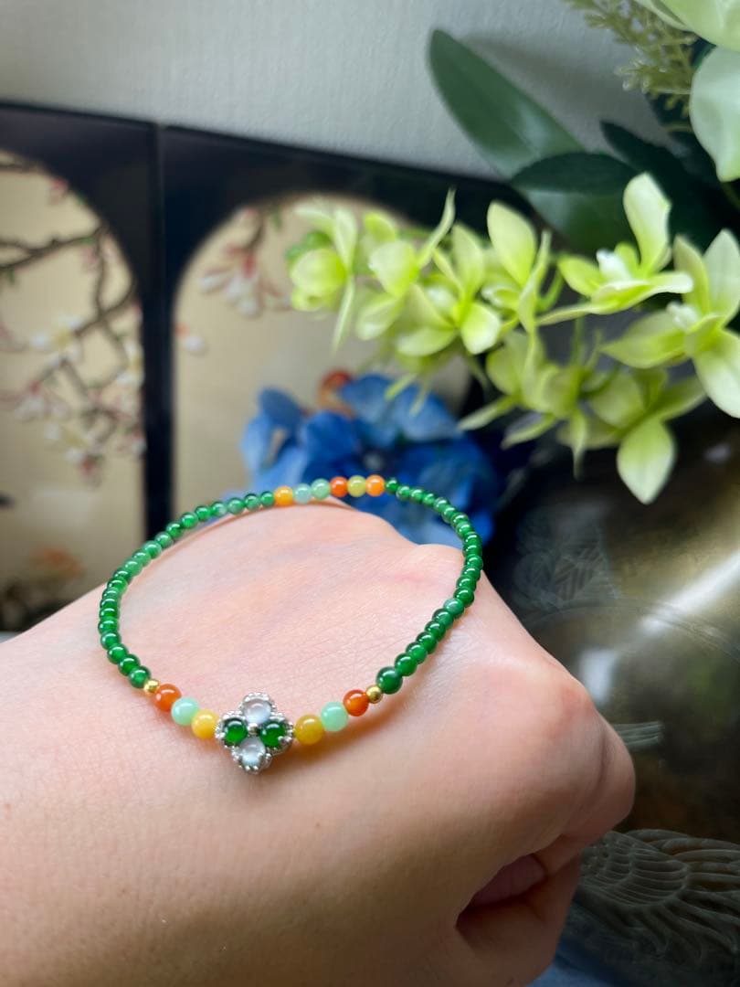 新入荷❣️貴重‼️18kビーズ入り、ロウカン質氷種満陽緑ビーズ&【幸運】四葉草ブレス