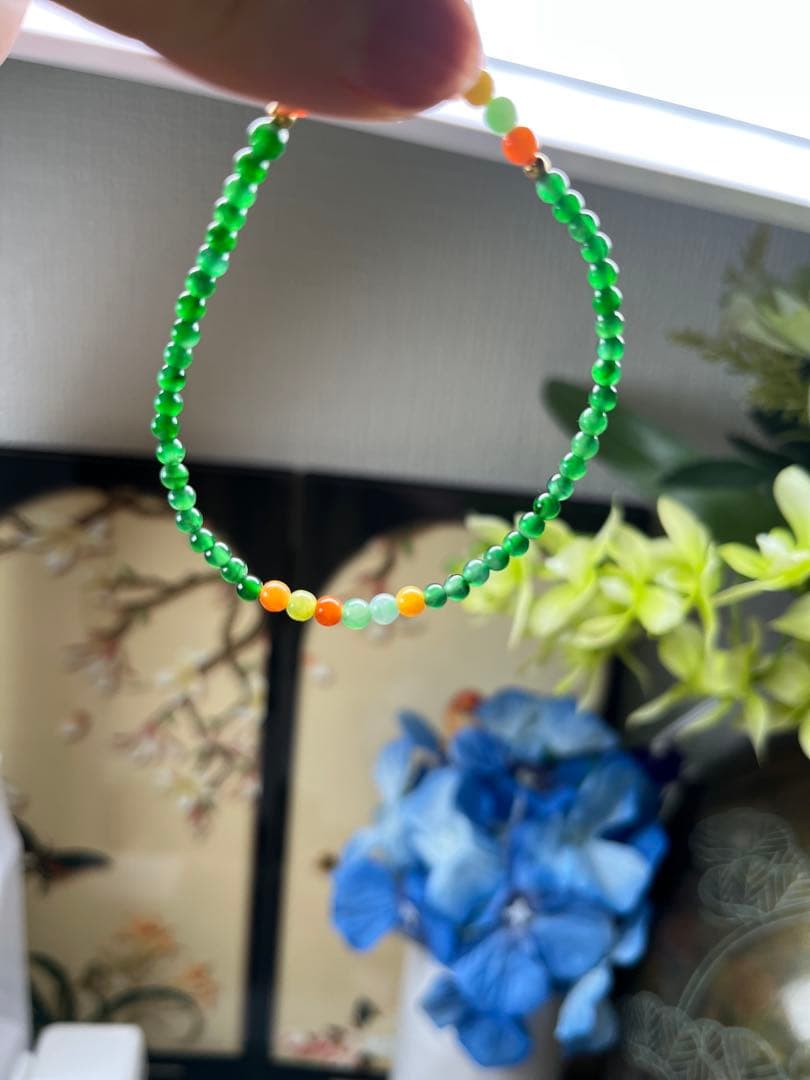 新入荷❣️貴重‼️18kビーズ入り、ロウカン質氷種満陽緑ビーズ&【幸運】四葉草ブレス