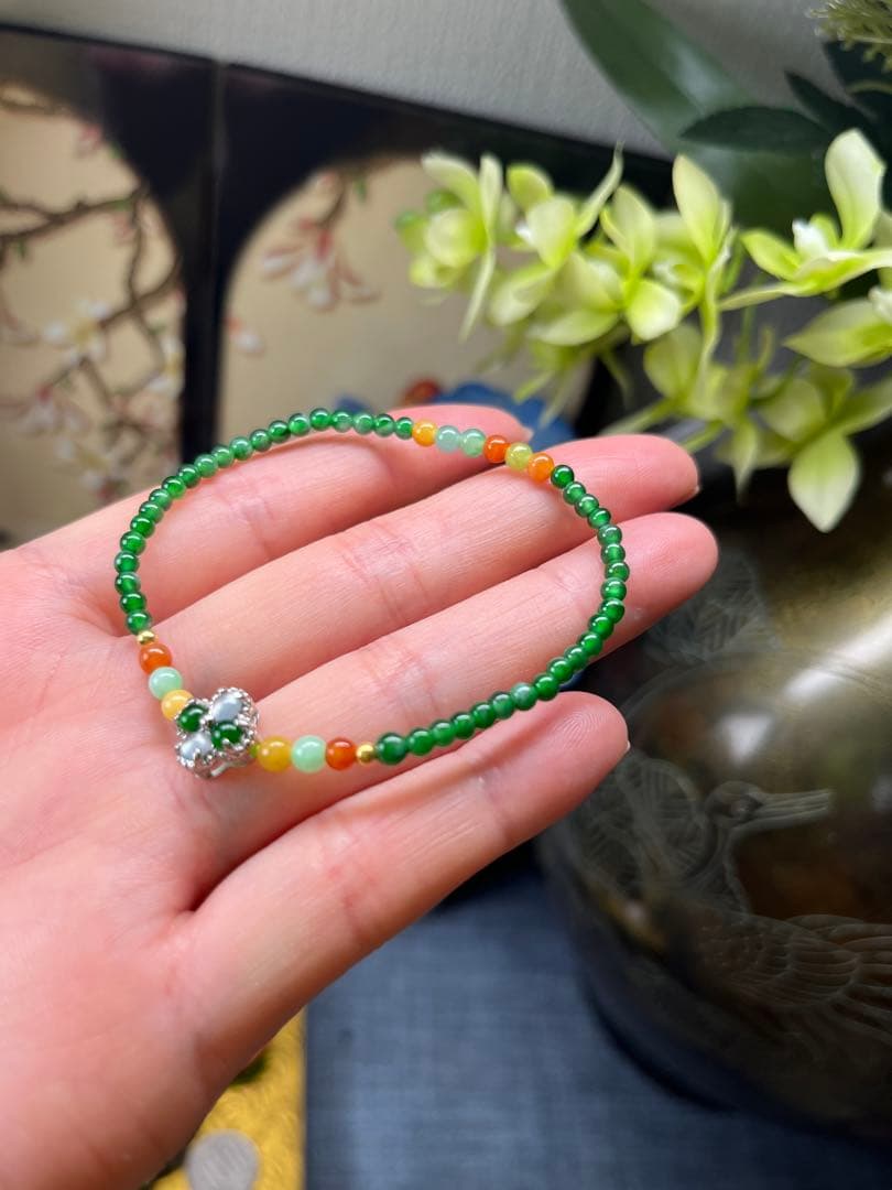 新入荷❣️貴重‼️18kビーズ入り、ロウカン質氷種満陽緑ビーズ&【幸運】四葉草ブレス