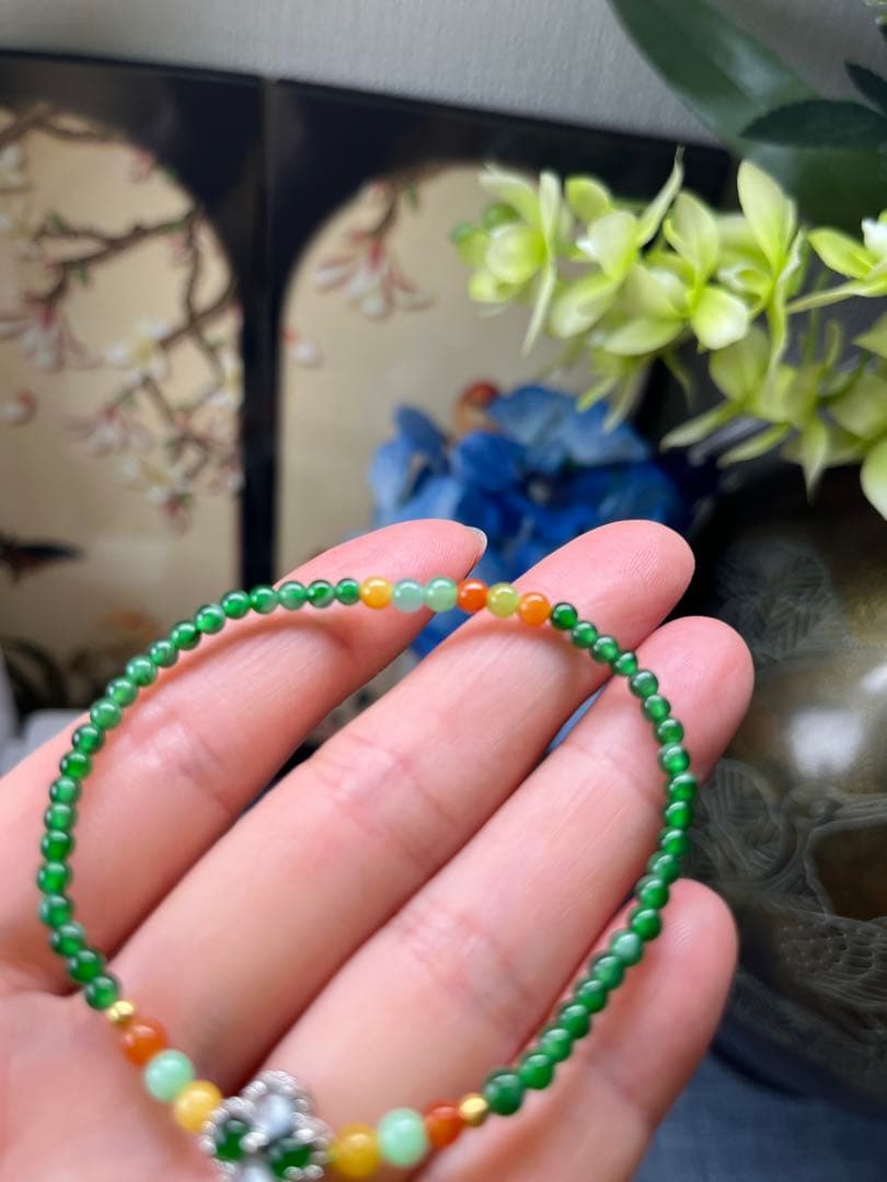新入荷❣️貴重‼️18kビーズ入り、ロウカン質氷種満陽緑ビーズ&【幸運】四葉草ブレス