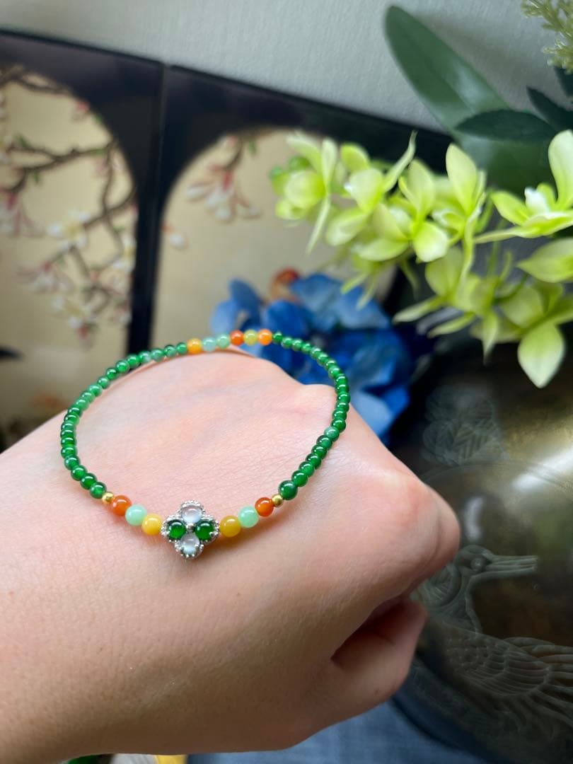 新入荷❣️貴重‼️18kビーズ入り、ロウカン質氷種満陽緑ビーズ&【幸運】四葉草ブレス