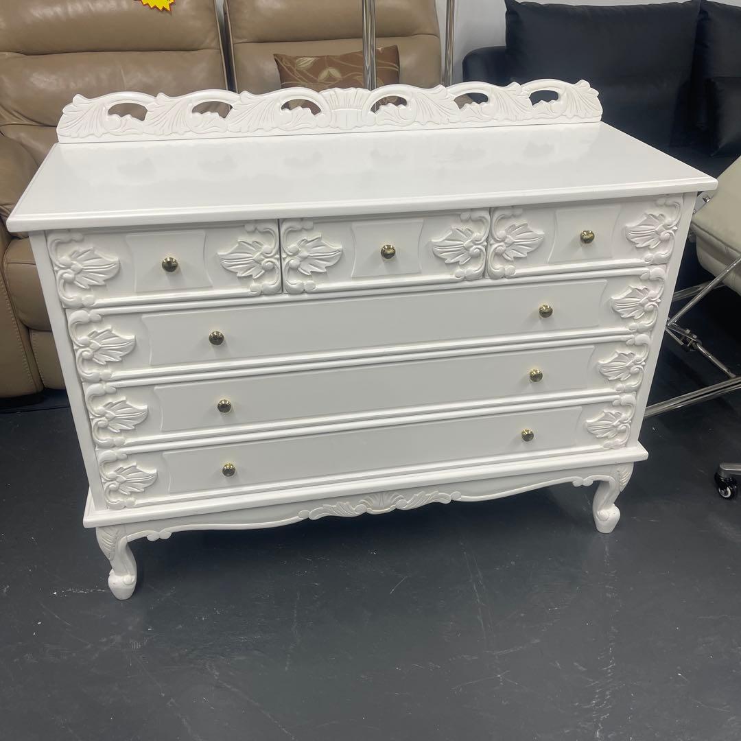 ホワイトキャビネット 5引き出し 彫刻デザインSALE