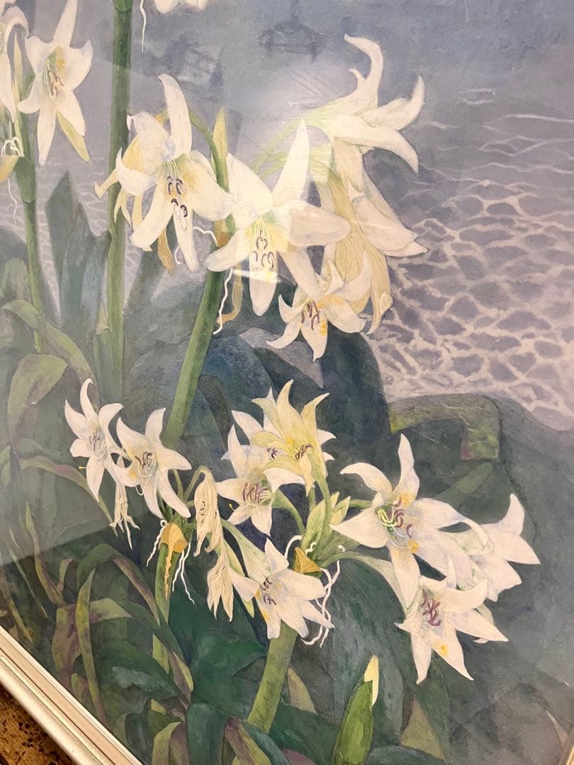 百合　ユリの花 水彩画　はまゆう　シルバーフレーム　40号　壁掛け