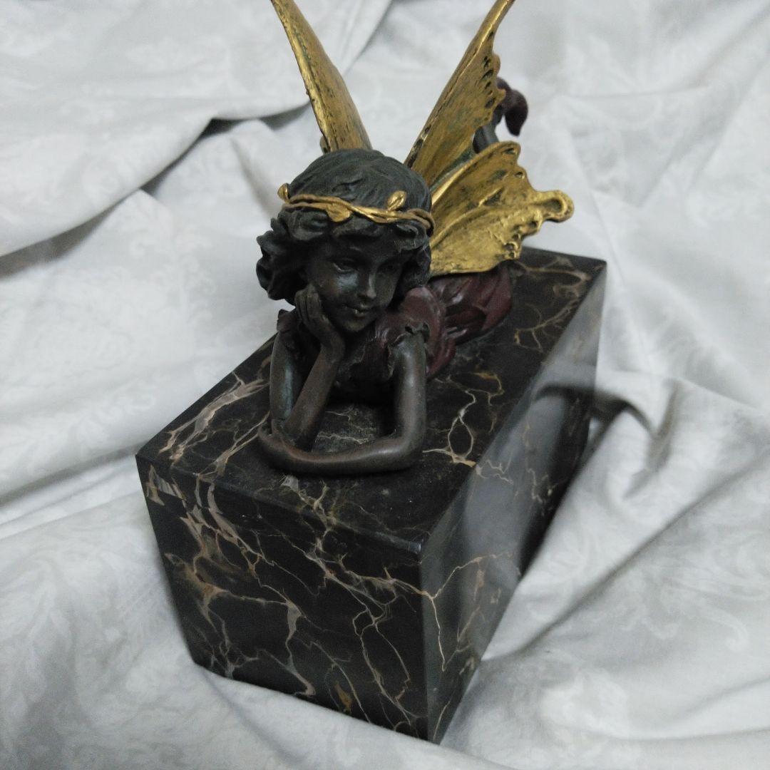 中古　ほおづえ　妖精　天使　少女像 金色の羽　大理石風の台