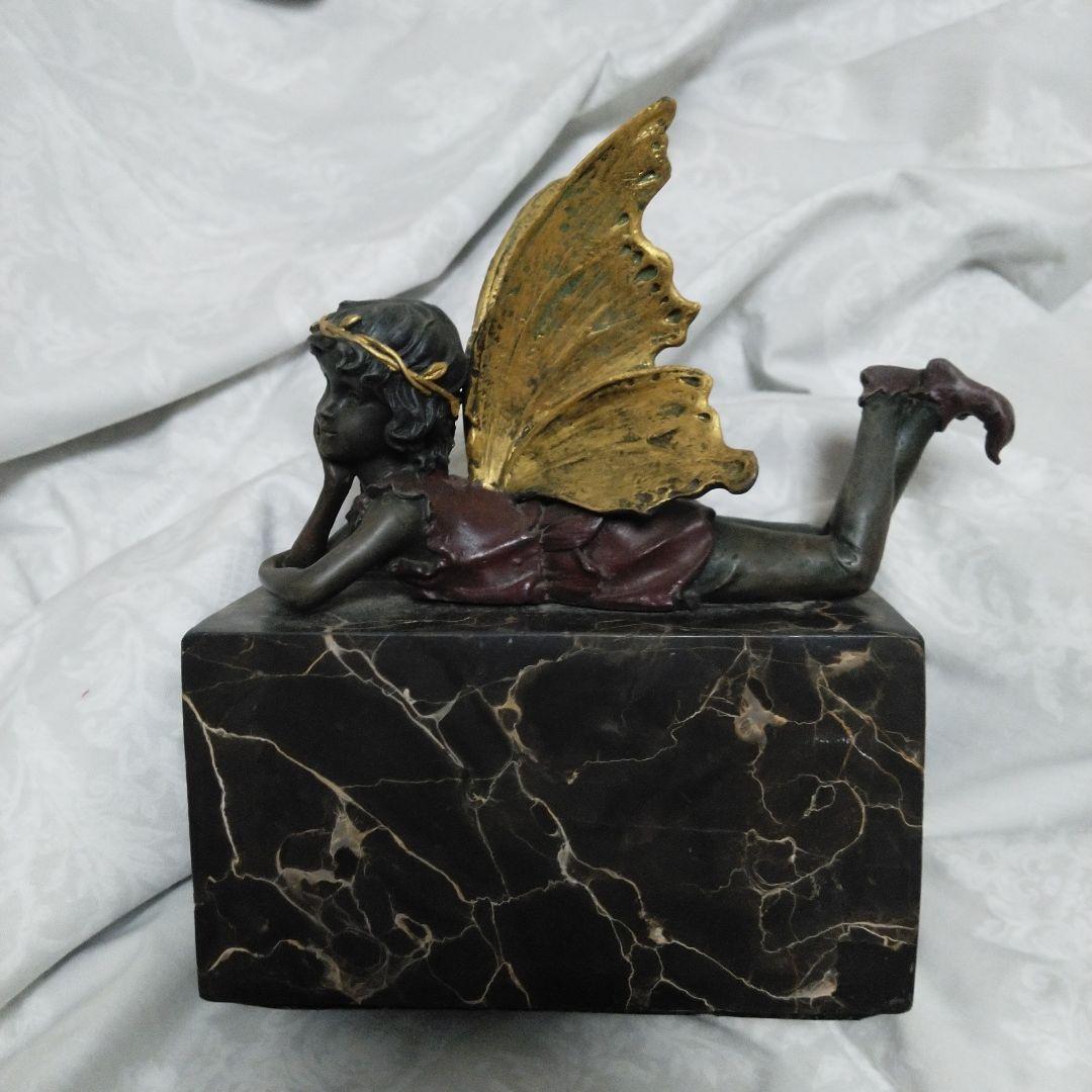 中古　ほおづえ　妖精　天使　少女像 金色の羽　大理石風の台