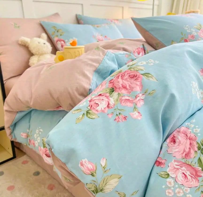 新品★ブルーにピンクの薔薇ブーケ綿100%シングル掛け布団カバー1枚枕カバー2枚