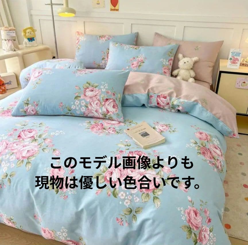 新品★ブルーにピンクの薔薇ブーケ綿100%シングル掛け布団カバー1枚枕カバー2枚