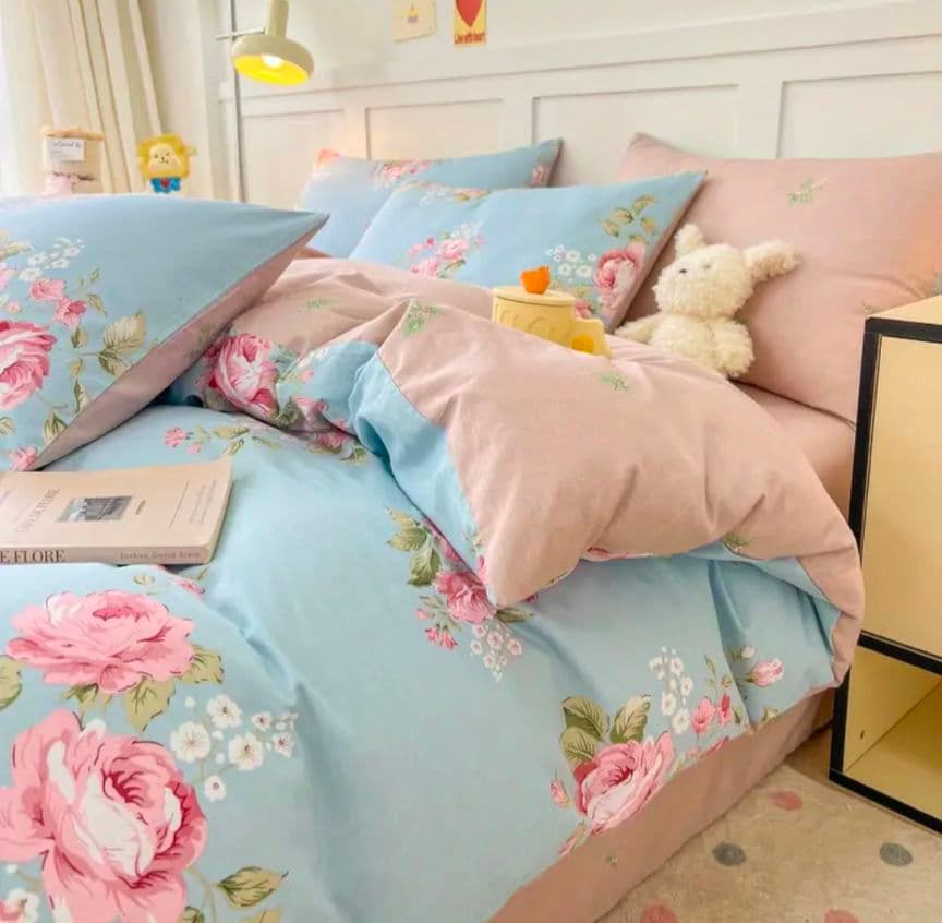 新品★ブルーにピンクの薔薇ブーケ綿100%シングル掛け布団カバー1枚枕カバー2枚