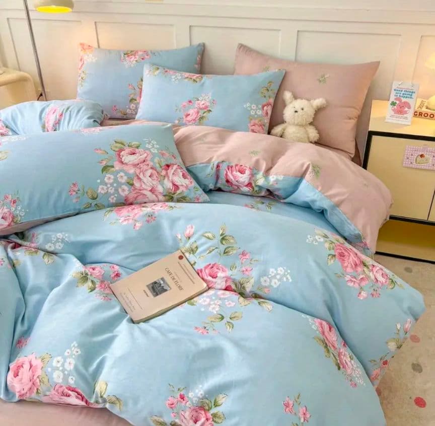 新品★ブルーにピンクの薔薇ブーケ綿100%シングル掛け布団カバー1枚枕カバー2枚