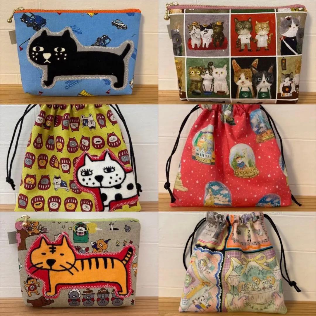 感謝価格 猫柄 巾着 ペンポーチ 小物入れ ハンドメイド 感謝価格 猫柄