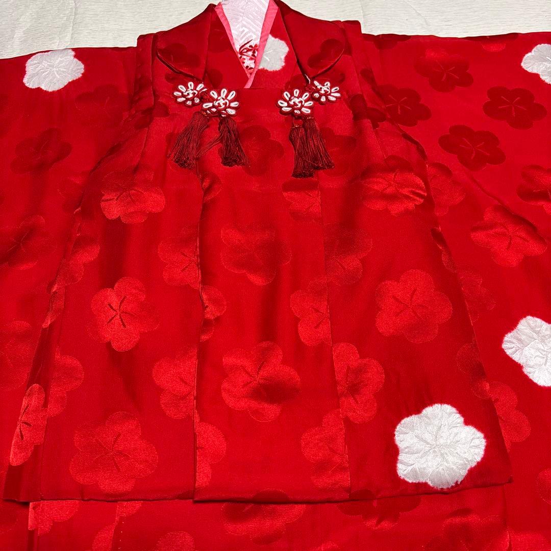 七五三　着物セット　被布　3歳　赤色　白色　正絹　綸子