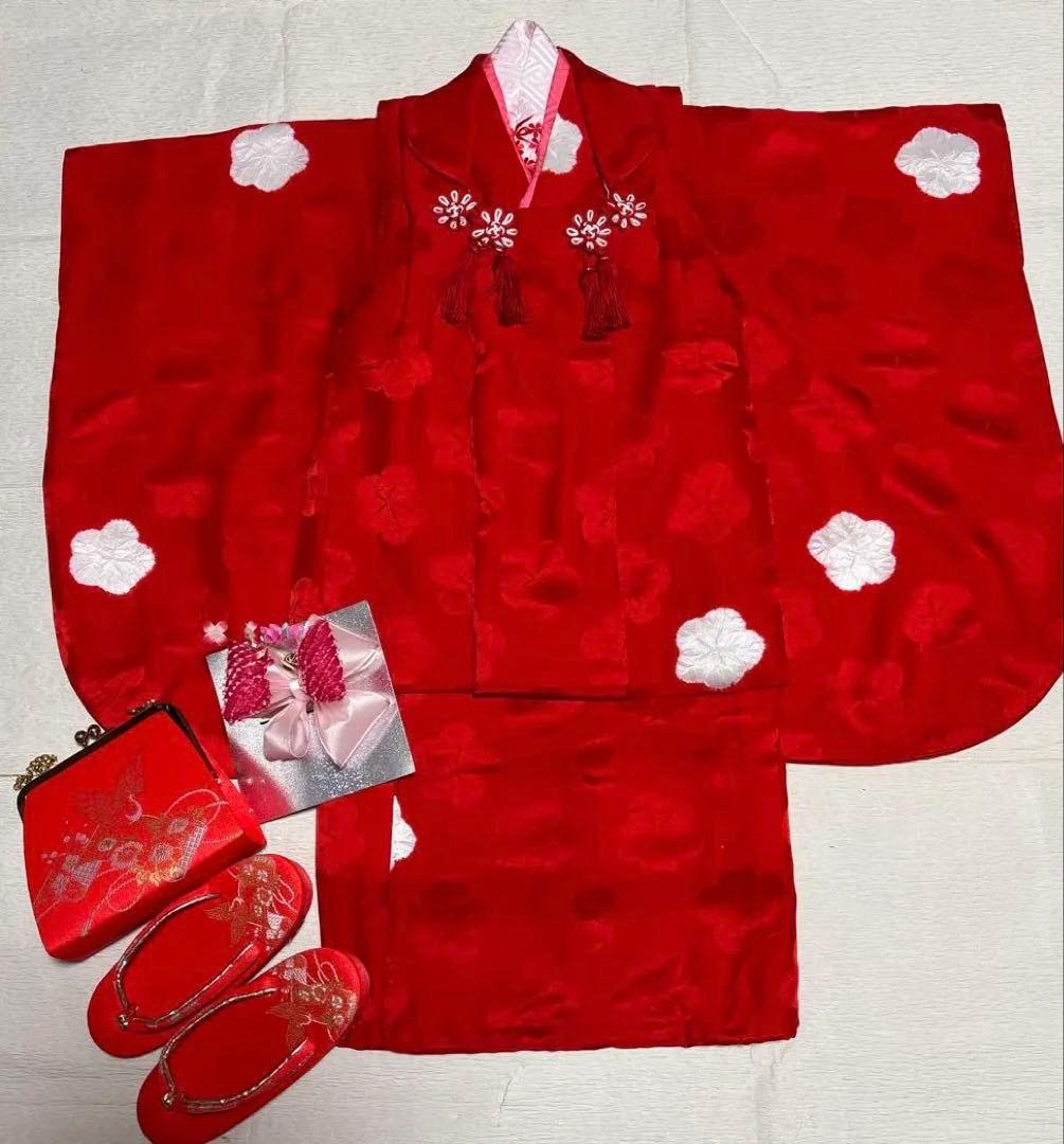 七五三　着物セット　被布　3歳　赤色　白色　正絹　綸子