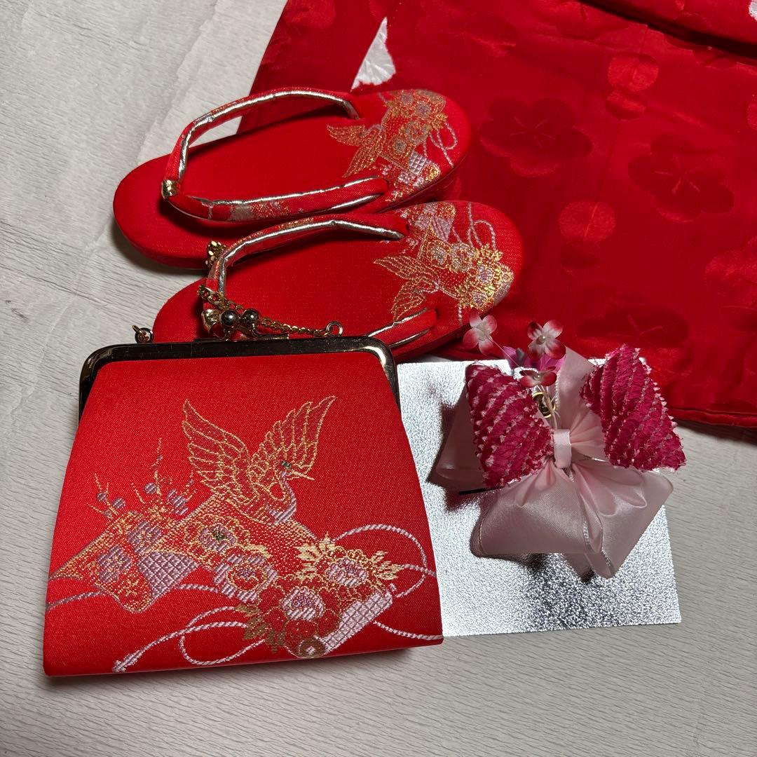 七五三　着物セット　被布　3歳　赤色　白色　正絹　綸子