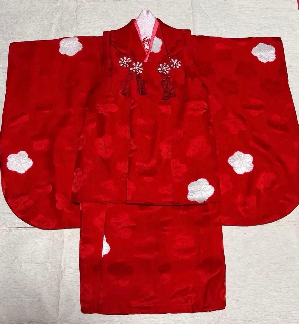 七五三　着物セット　被布　3歳　赤色　白色　正絹　綸子