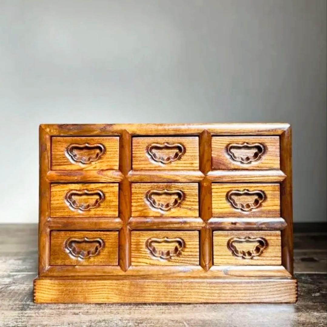 無垢材 小引き出し 9杯 和箪笥 茶道具 木製 収納 総木組み 昭和レトロ