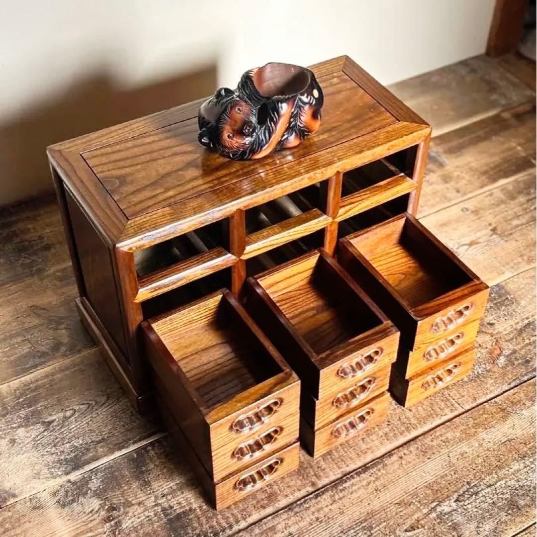 無垢材 小引き出し 9杯 和箪笥 茶道具 木製 収納 総木組み 昭和レトロ