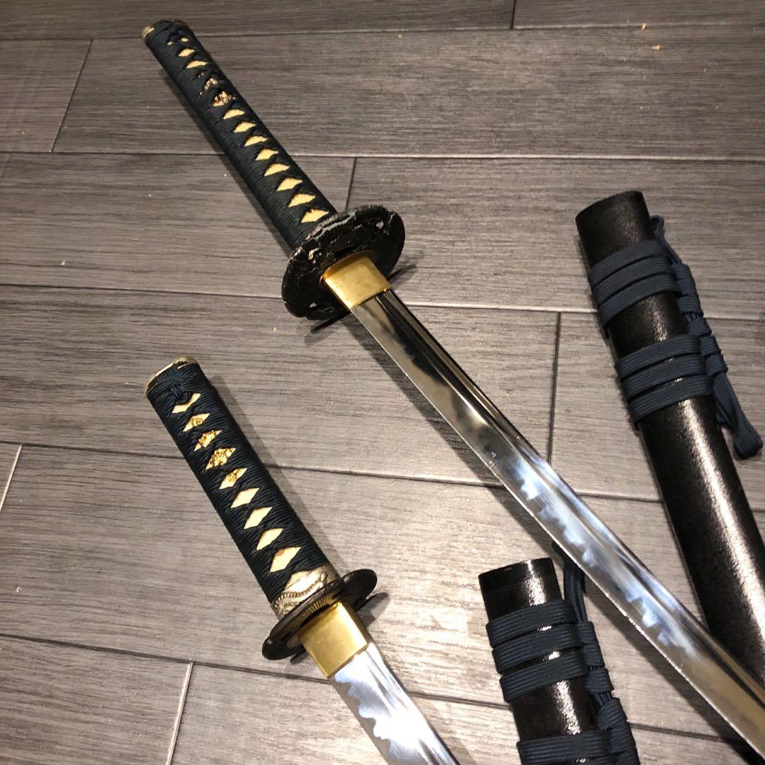 高級模造刀 居合刀 太刀 大小セット 脇差 樋入り刀身 緑拵え 鍔ひび