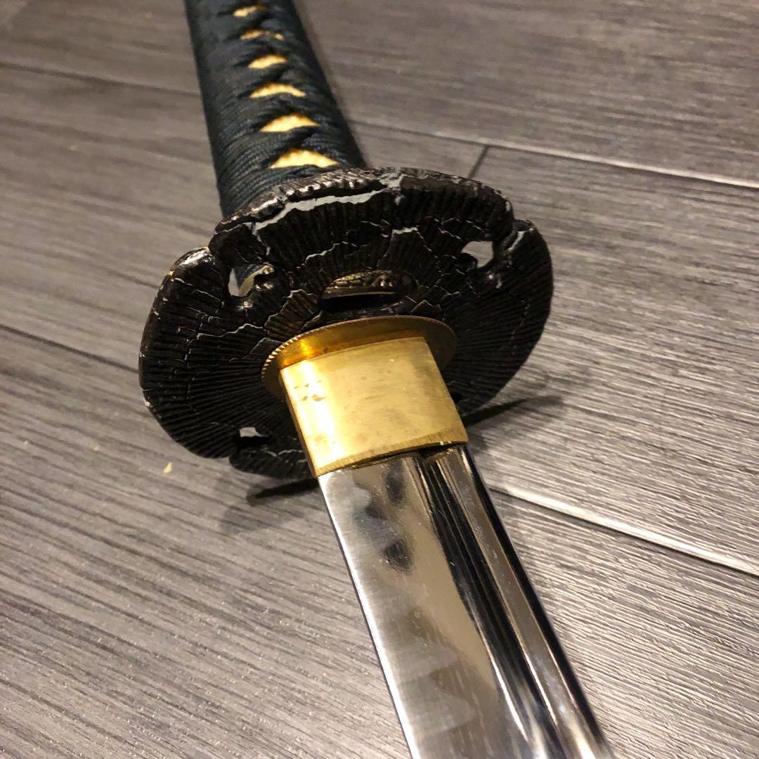 高級模造刀 居合刀 太刀 大小セット 脇差 樋入り刀身 緑拵え 鍔ひび