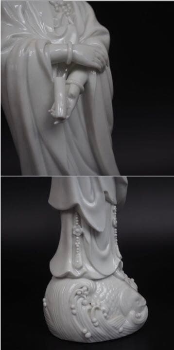 送料無料70年代『福建省徳化磁厂』製白磁魚藍観音共箱高さ33.8ｃｍ★訳あり★