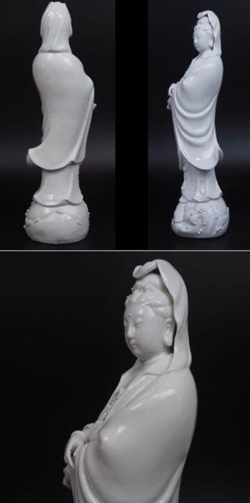 送料無料70年代『福建省徳化磁厂』製白磁魚藍観音共箱高さ33.8ｃｍ★訳あり★