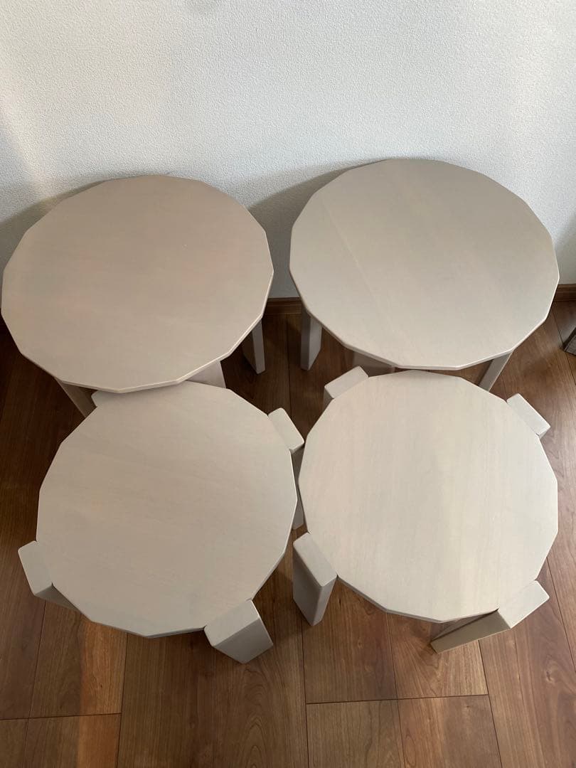 【訳あり品】サイドテーブル　スツール 天然木 4脚セット 完成品　グレージュ　①