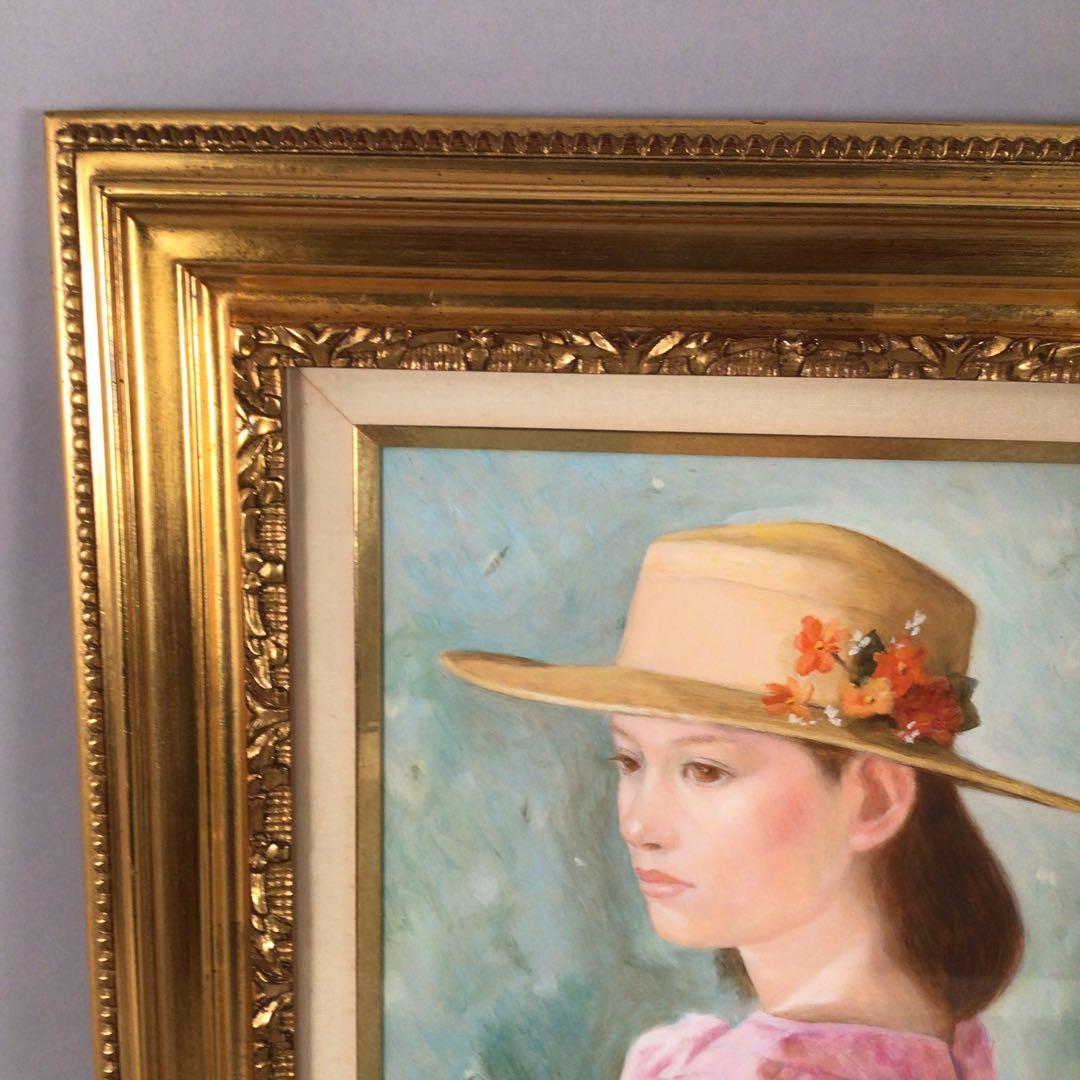 No3927 佐田昌治「花帽子の少女」 油彩画 直筆サイン 黄袋/畳箱 送料