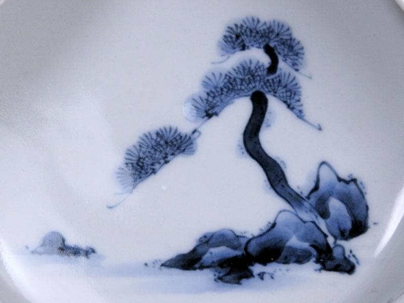 平戸 古伊万里 染付 岩に松の図 富士型変形皿 B354AS-DCk