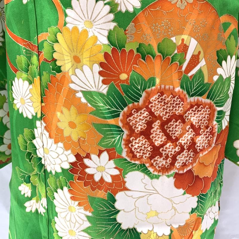 406ag65着物のみ□七五三 七歳 女児 着物　金彩 部分絞り 緑□状態良好