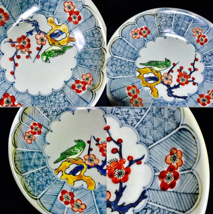 有田焼　5代　佐藤走波　染錦　梅鳥文　5寸皿　5枚セット
