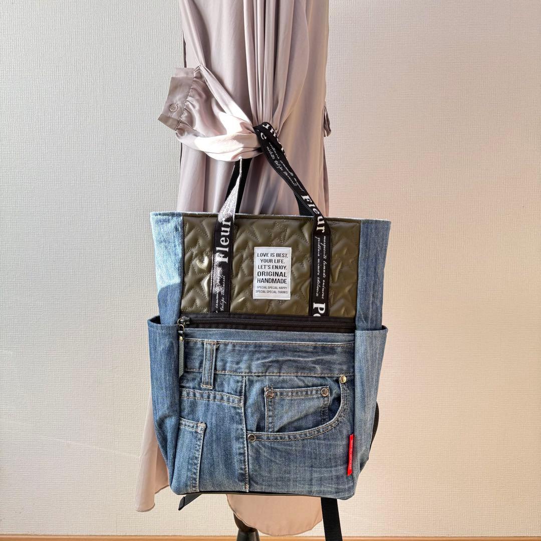 ☆デニムリメイク　カーキ星柄フェイクレザーキルトとデニムのトートリュック☆