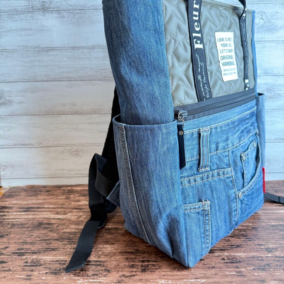 ☆デニムリメイク　カーキ星柄フェイクレザーキルトとデニムのトートリュック☆