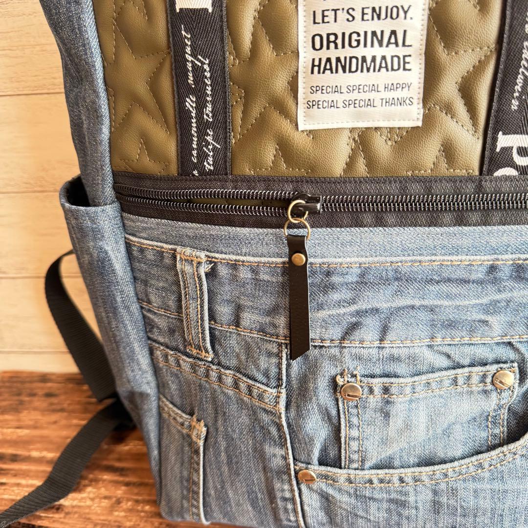 ☆デニムリメイク　カーキ星柄フェイクレザーキルトとデニムのトートリュック☆