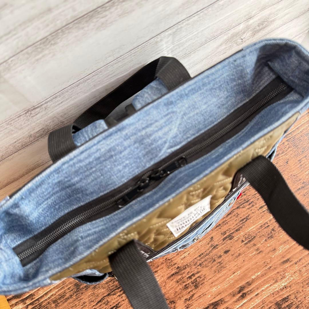 ☆デニムリメイク　カーキ星柄フェイクレザーキルトとデニムのトートリュック☆