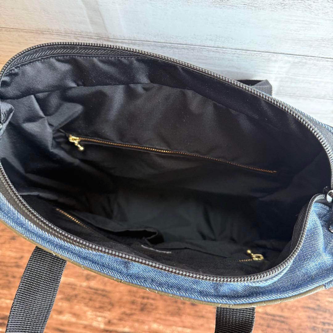 ☆デニムリメイク　カーキ星柄フェイクレザーキルトとデニムのトートリュック☆