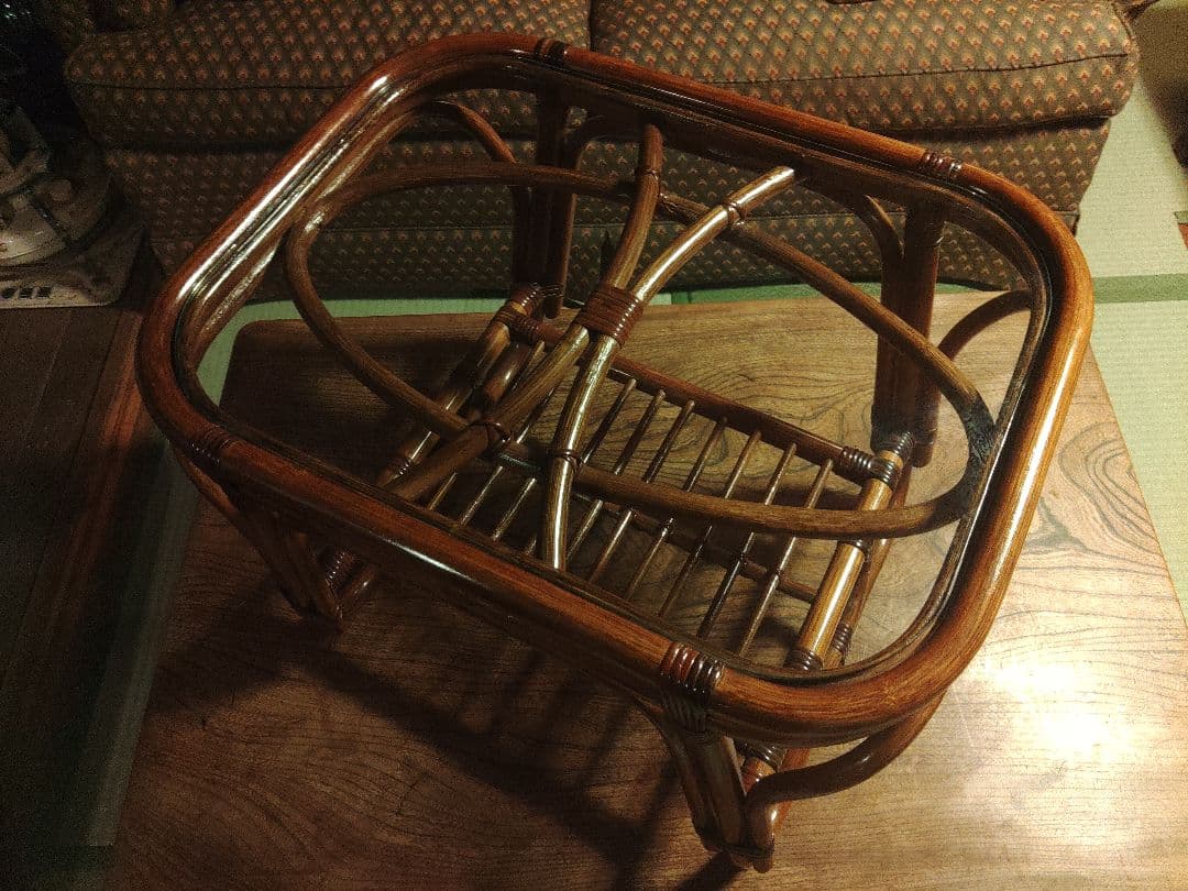 山　美品　ラタン　ガラステーブル　机　サイドテーブル　レトロ