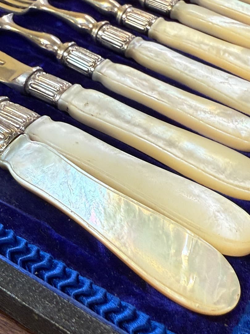 極美品 英国アンティーク 1885年 純銀 デザートカトラリー 12点 白蝶貝