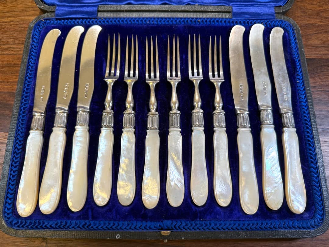 極美品 英国アンティーク 1885年 純銀 デザートカトラリー 12点 白蝶貝