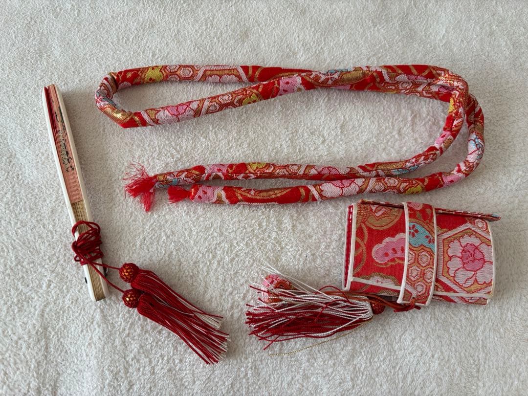 7歳 七五三 着物 帯 長襦袢 帯揚げ しごき はこせこ 半襟 セット 赤 刺繍