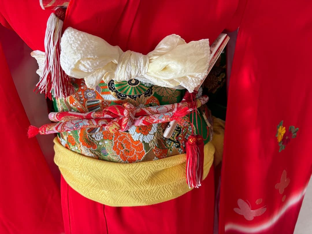 7歳 七五三 着物 帯 長襦袢 帯揚げ しごき はこせこ 半襟 セット 赤 刺繍