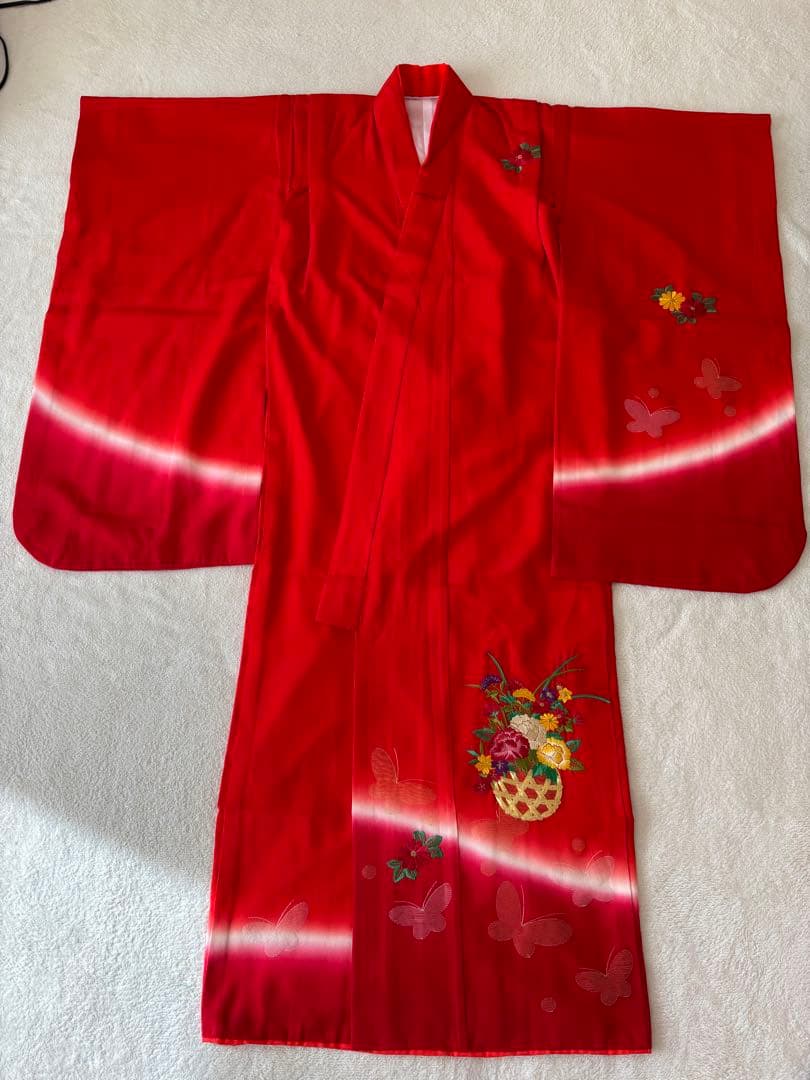 7歳 七五三 着物 帯 長襦袢 帯揚げ しごき はこせこ 半襟 セット 赤 刺繍