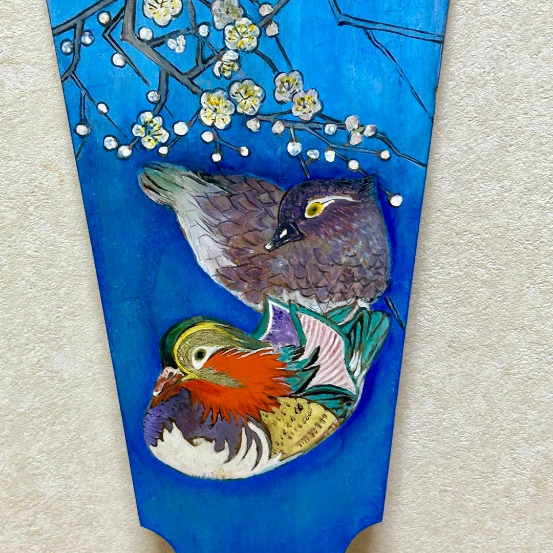 手描き 羽子板 おしどり 一点物 作家物 昭和レトロ 和風インテリア 約62cm