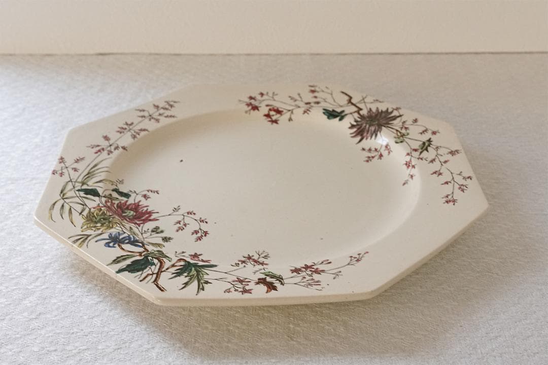 イギリスアンティーク　ボタニカル柄　オクトゴナル　プレート　21.7cm　A