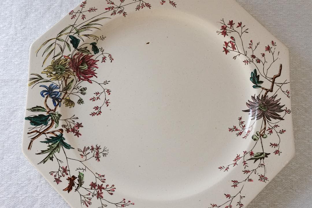 イギリスアンティーク　ボタニカル柄　オクトゴナル　プレート　21.7cm　A