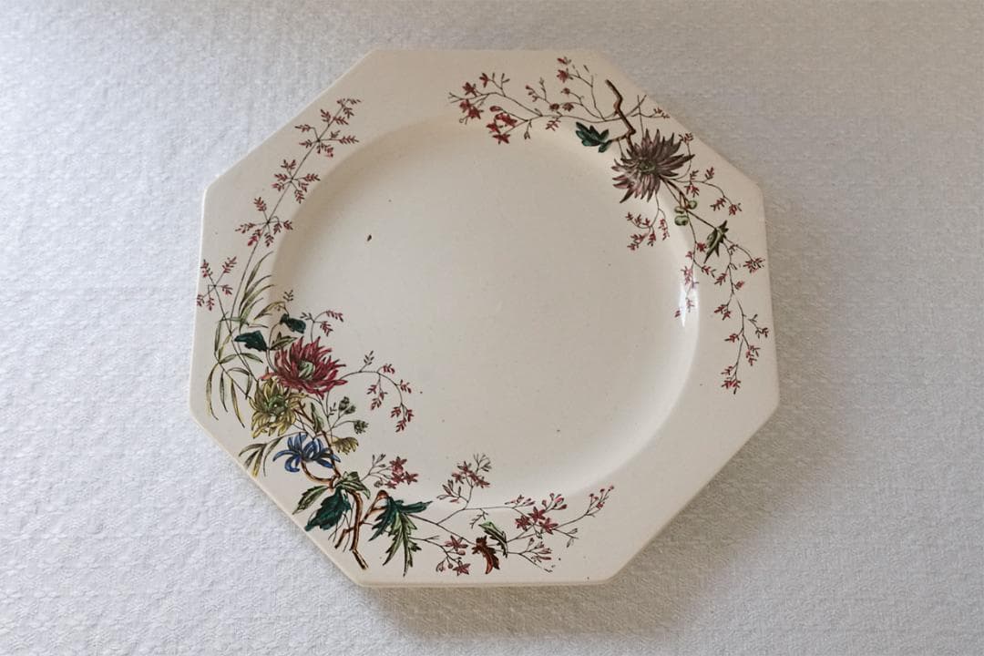 イギリスアンティーク　ボタニカル柄　オクトゴナル　プレート　21.7cm　A