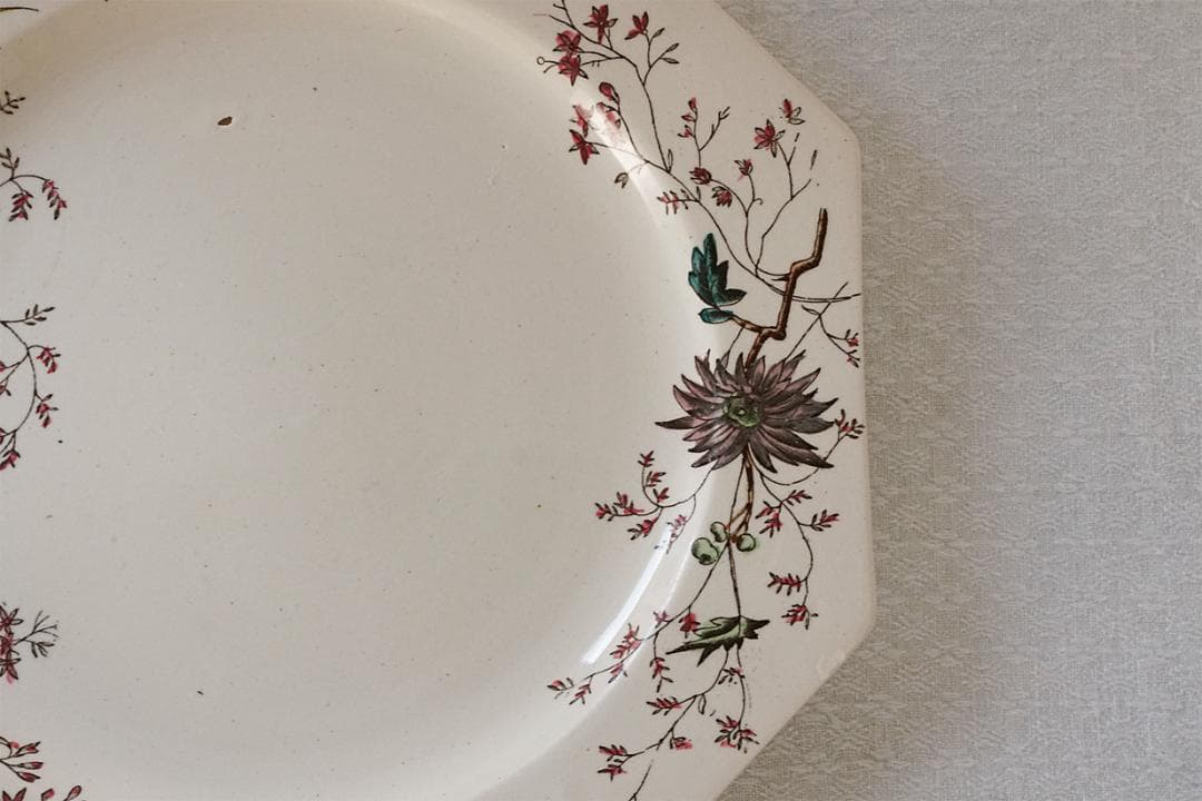 イギリスアンティーク　ボタニカル柄　オクトゴナル　プレート　21.7cm　A