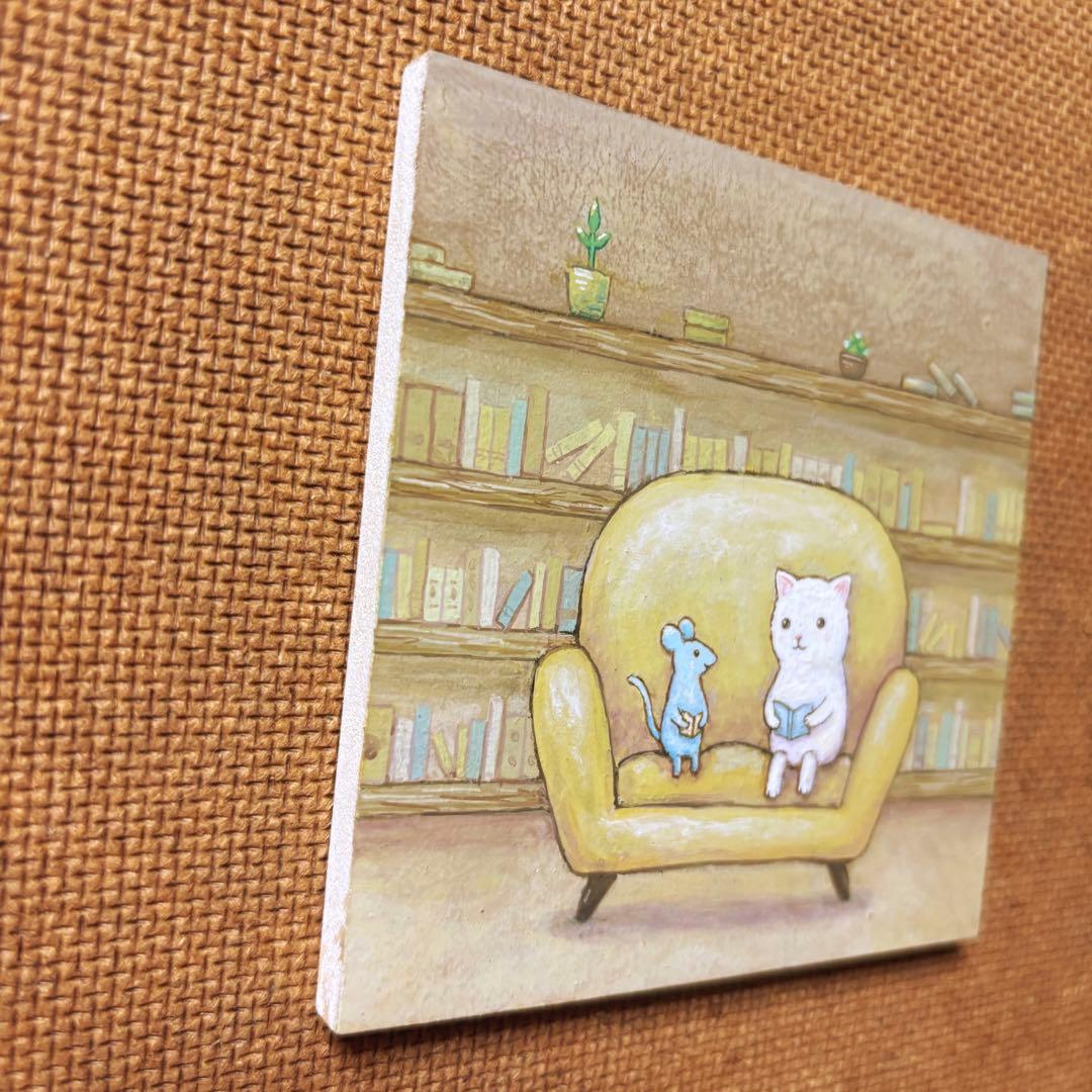 けい様　お取り置き中　自作絵画　黄色いソファ　猫とネズミの絵　買い物帰り