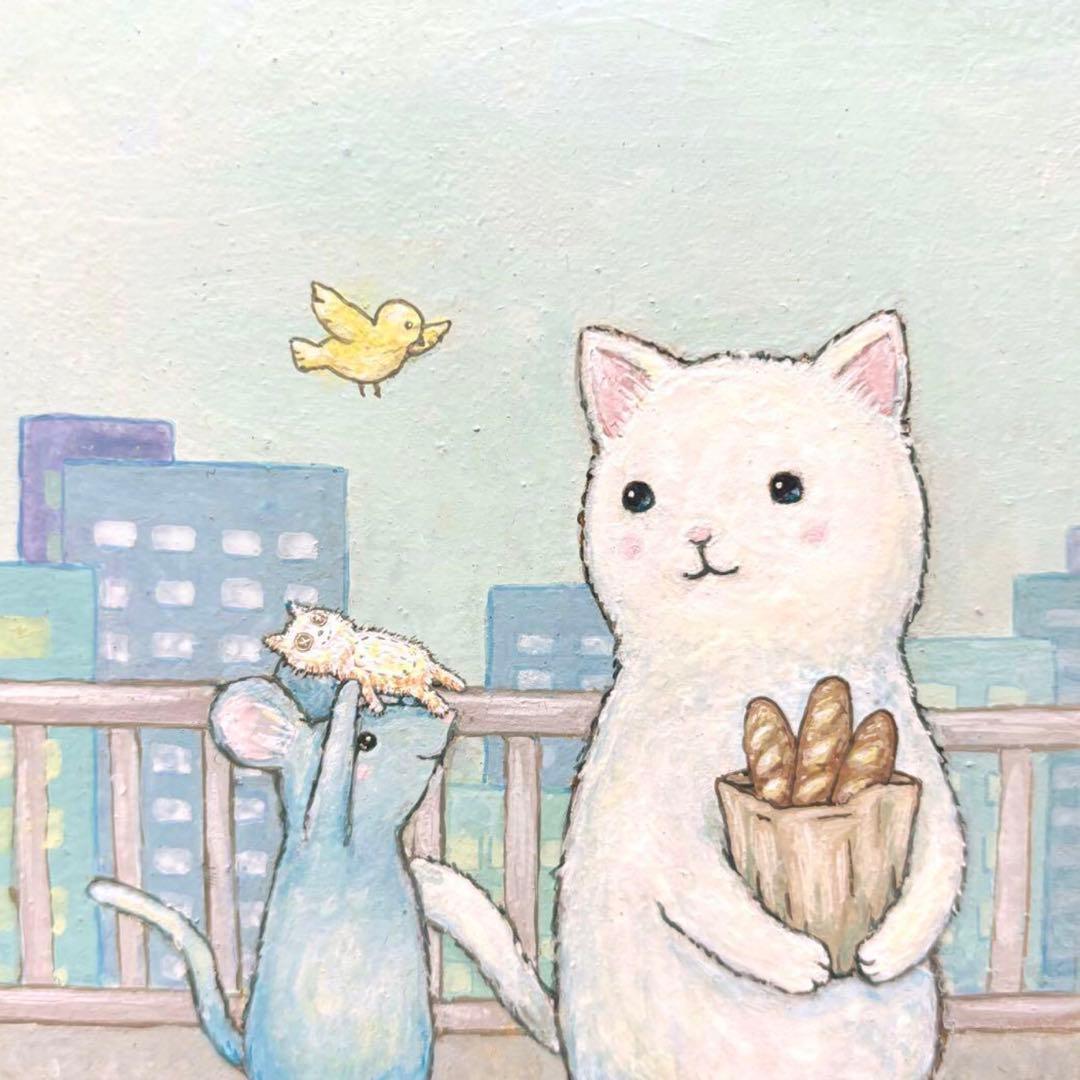 けい様　お取り置き中　自作絵画　黄色いソファ　猫とネズミの絵　買い物帰り